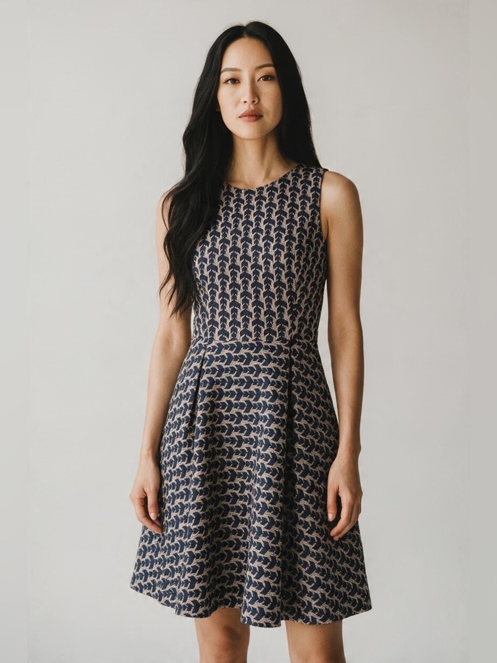 Zara Sleeveless Navy and Cream Patterned Fit-and-Flare Dress